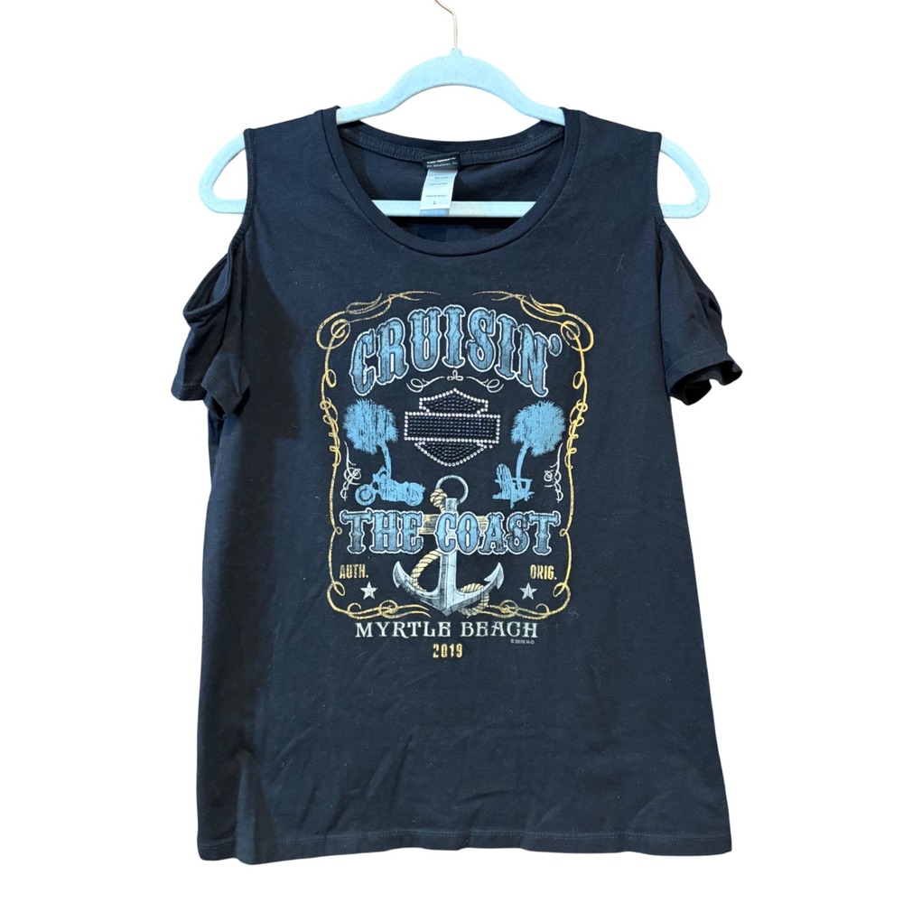 Harley Davidson Myrtle Beach 2019 Cold Shoulder Graphic T-Shirt Black Large